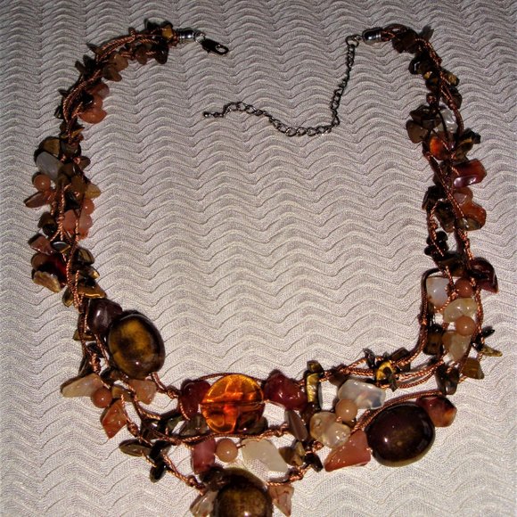 Tiger's Eye Stone Lava Rock Stone Pebble Glass Necklace - Picture 3 of 7